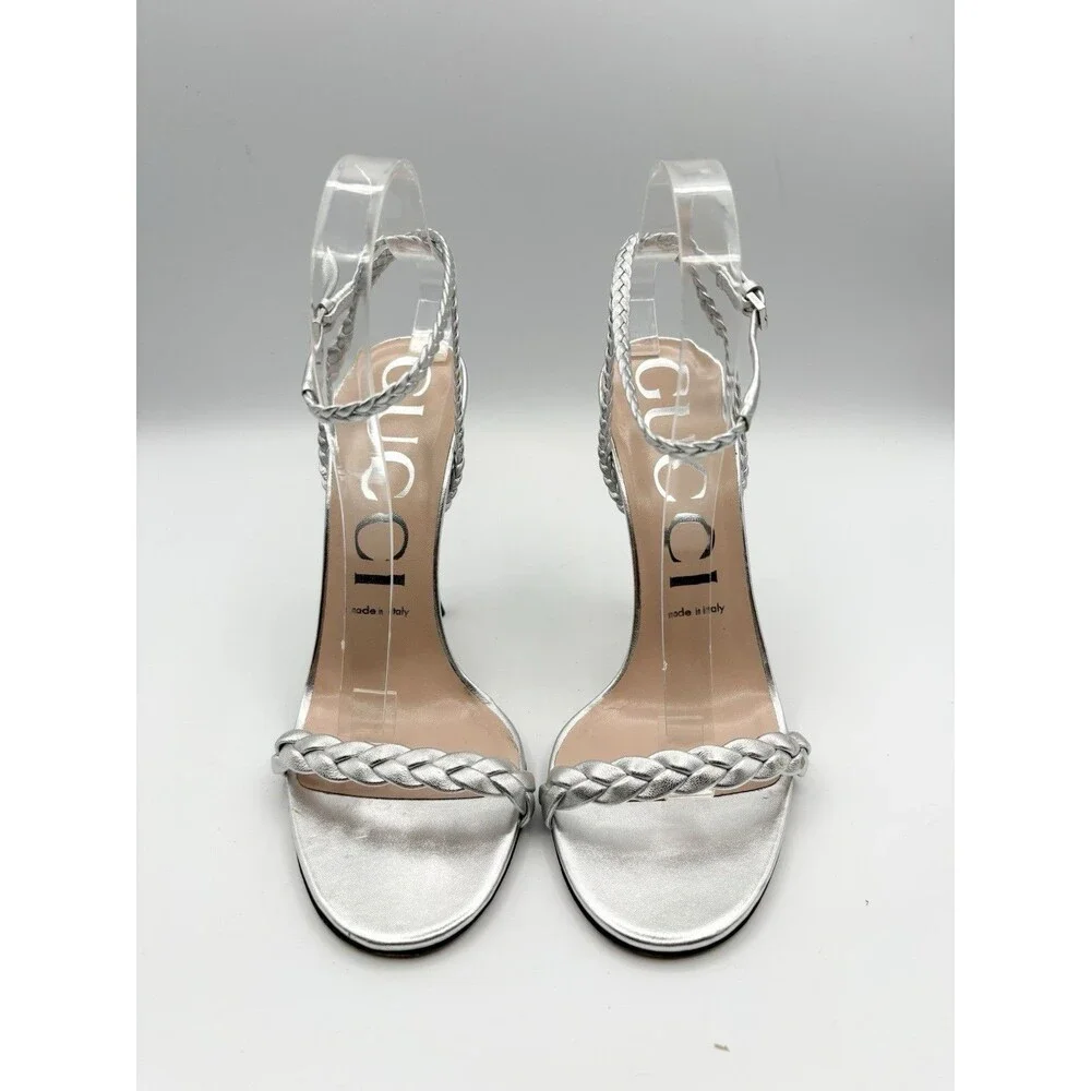 Gucci Silver Braided Strap Nappa Leather Stiletto Heels Sandals SZ EU 39 - Picture 2 of 15